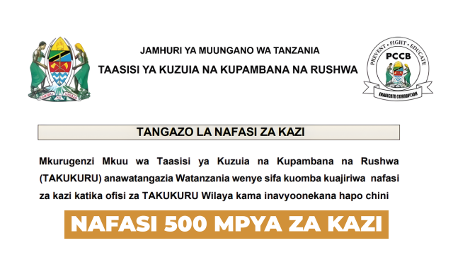 TAKUKURU (PCCB) 500 Vacancies 2026